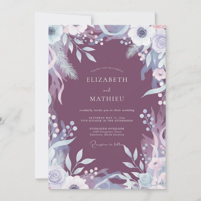 Convite Casamento com Folhas Pintadas de Bege Roxo (Frente)