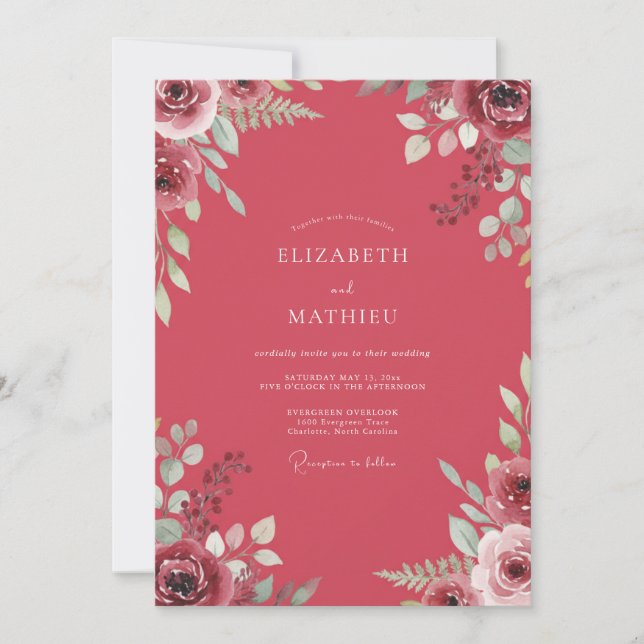Convite Casamento com Folhas Pintadas de Framboesa (Frente)