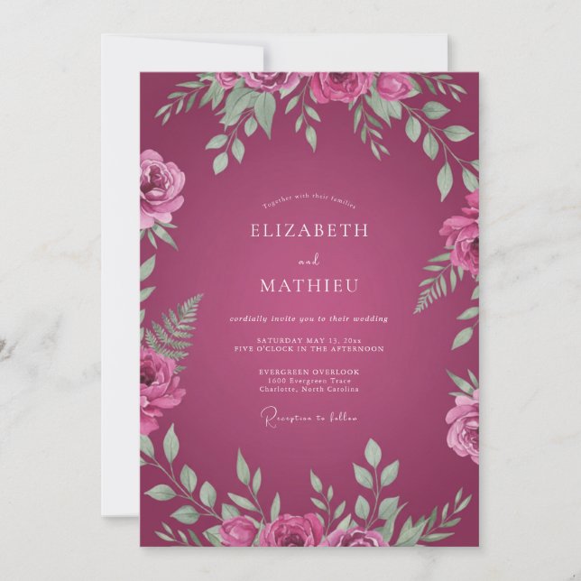 Convite Casamento com Folhas Pintadas de Magenta (Frente)
