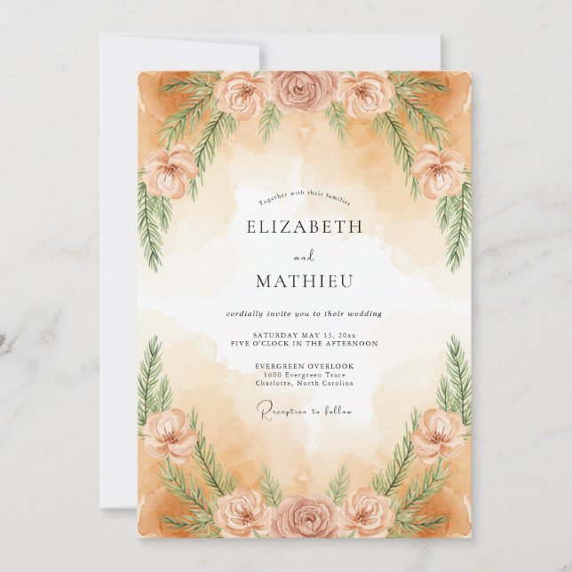Convite Casamento com Folhas Pintadas de Pêssego Empoeirad (Frente)