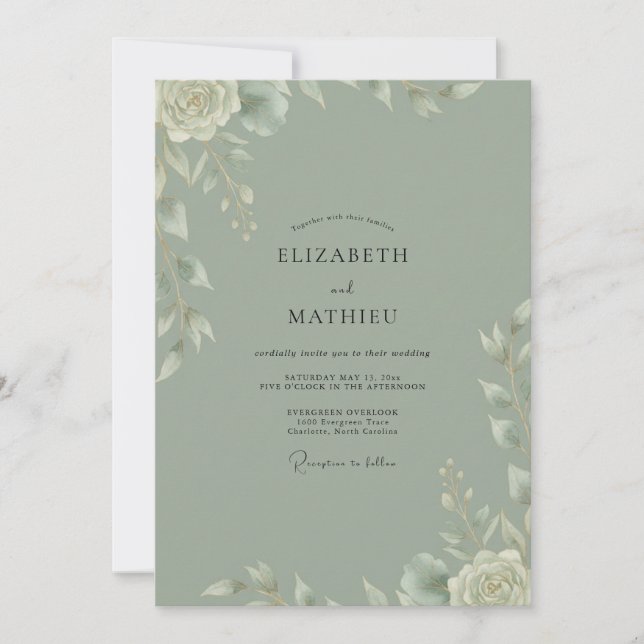 Convite Casamento com Folhas Pintadas de Salvia (Frente)