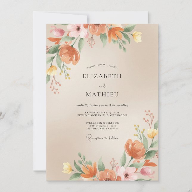 Convite Casamento com Folhas Pintadas de Terracota Quente (Frente)