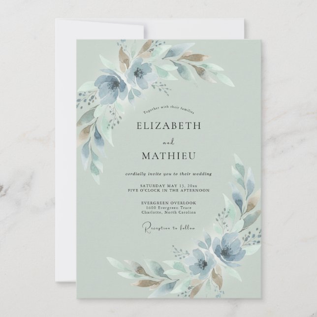 Convite Casamento com Folhas Prateadas de Ardósia (Frente)