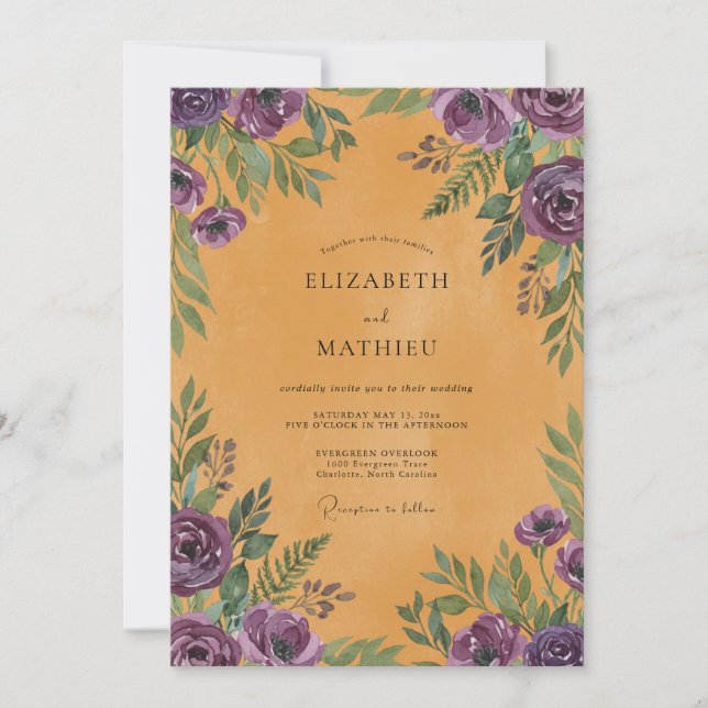Convite Casamento com Folhas Rochosas Violeta (Frente)