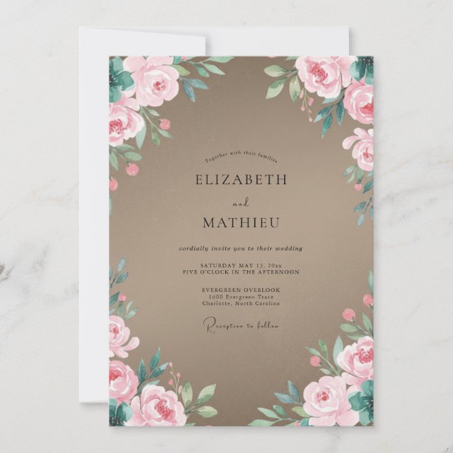 Convite Casamento com Folhas Rosa Bege (Frente)