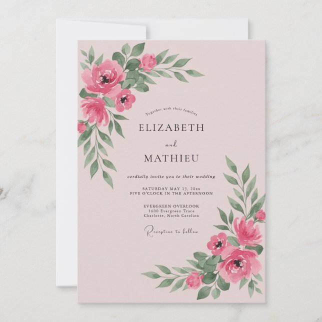 Convite Casamento com Folhas Rosa Bege (Frente)