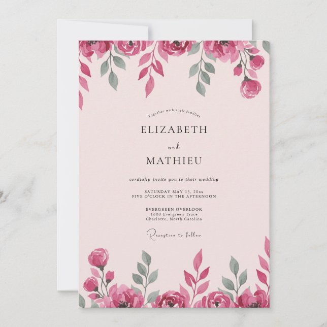 Convite Casamento com Folhas Rosa Magenta (Frente)