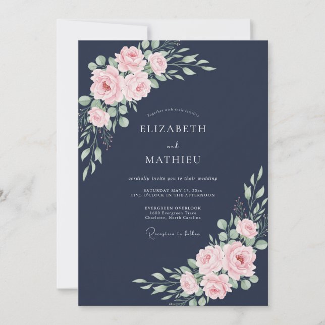 Convite Casamento com Folhas Rosa Meia-Noite (Frente)