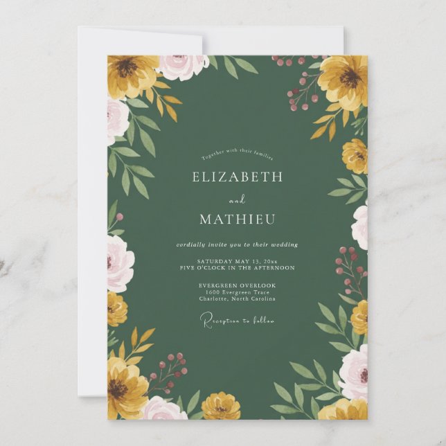 Convite Casamento com Folhas Rosa Mostarda (Frente)
