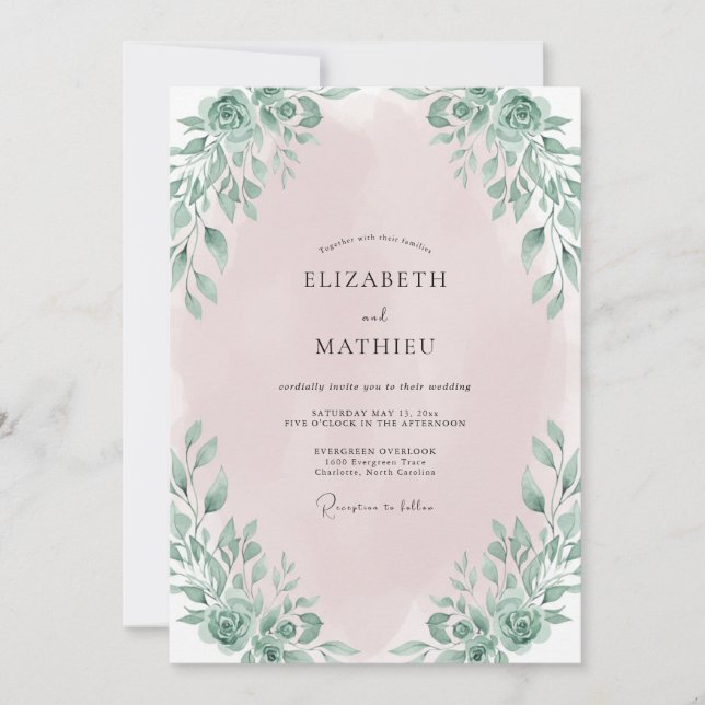 Convite Casamento com Folhas Rosa Pálido (Frente)