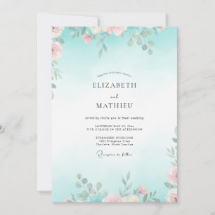 Convite Casamento com Folhas Rosa Pálido Aqua