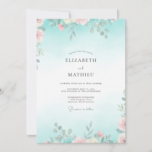 Convite Casamento com Folhas Rosa Pálido Aqua (Frente)