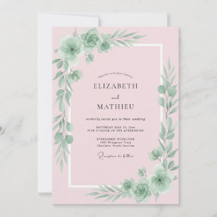 Convite Casamento com Folhas Rosa Pastel