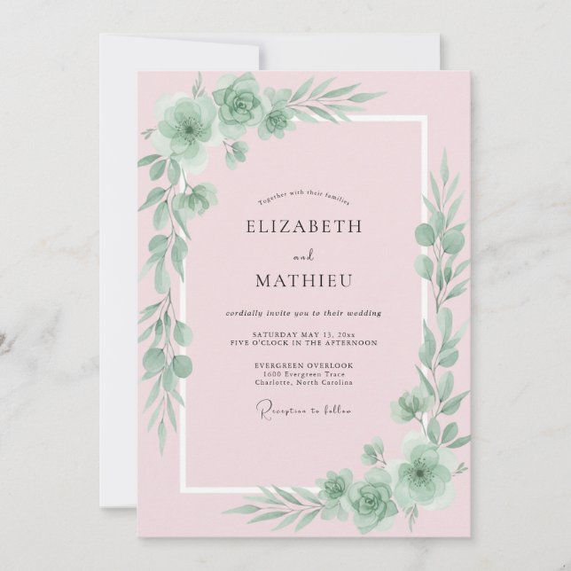 Convite Casamento com Folhas Rosa Pastel (Frente)