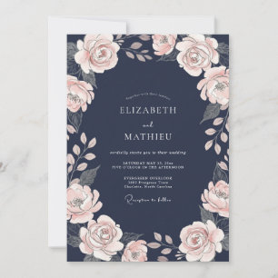 Convite Casamento com Folhas Rosa Poeira de Meia-Noite