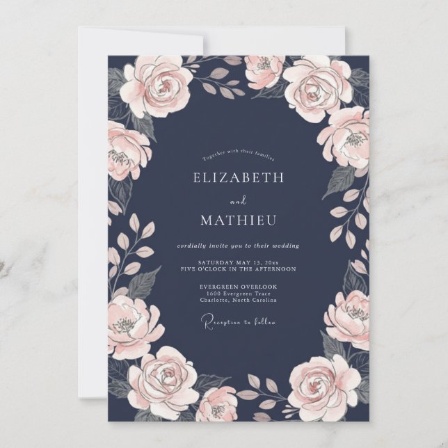 Convite Casamento com Folhas Rosa Poeira de Meia-Noite (Frente)