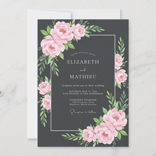 Convite Casamento com Folhas Rosa Suave em Carvão (Frente)