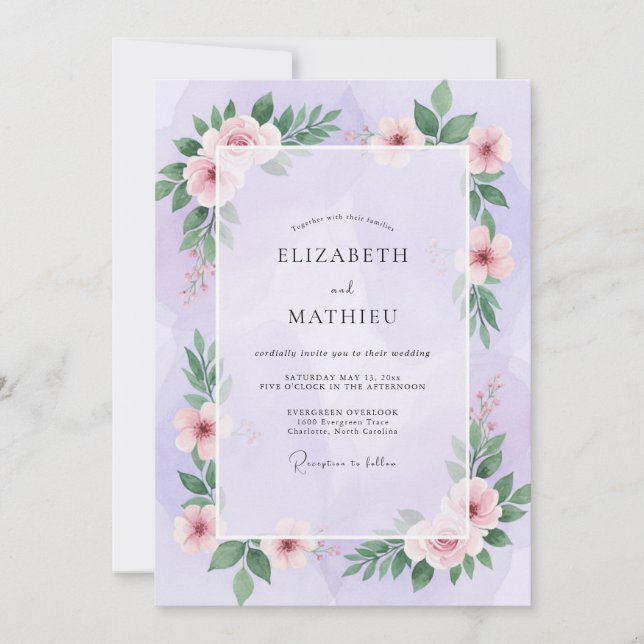 Convite Casamento com Folhas Rosadas de Lavanda (Frente)