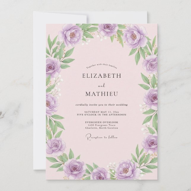 Convite Casamento com Folhas Rosadas e Lilás (Frente)