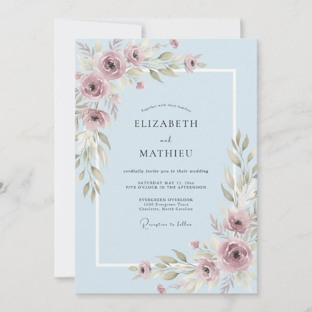 Convite Casamento com Folhas Roxas Azul Pó (Frente)