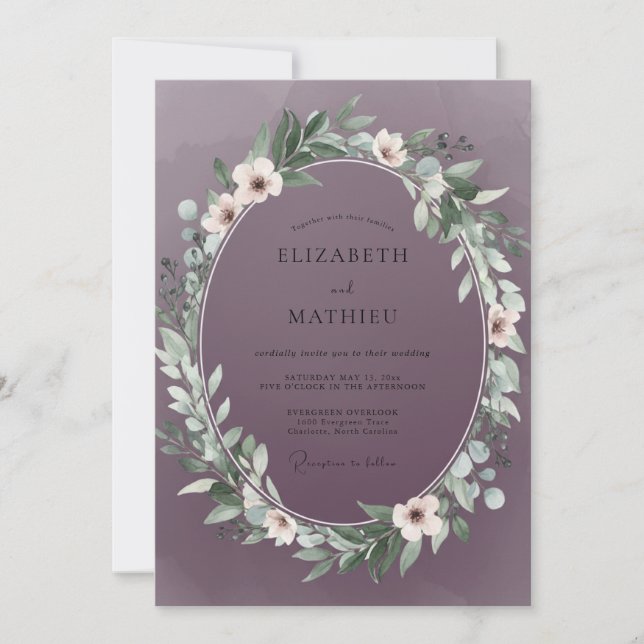 Convite Casamento com Folhas Roxas Empoeiradas (Frente)