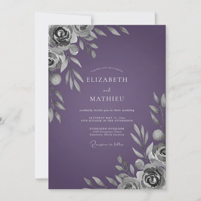 Convite Casamento com Folhas Roxas Profundas (Frente)