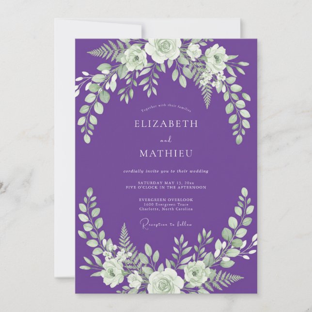 Convite Casamento com Folhas Roxas Reais (Frente)