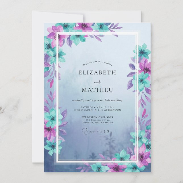 Convite Casamento com Folhas Roxas Turquesa (Frente)