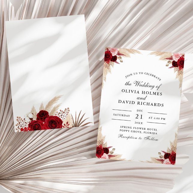 Convite Casamento com Folhas Secas e Rosa Burgundy Boho (Dry Tropical Leaves and Rose Wedding Invitation on a sunny white dry palm leaf.)