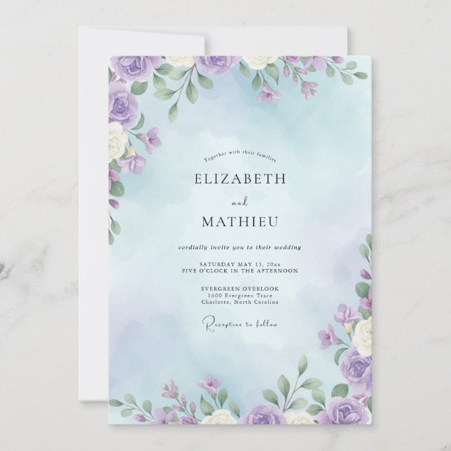 Convite Casamento com Folhas sob Céu Lilás (Frente)