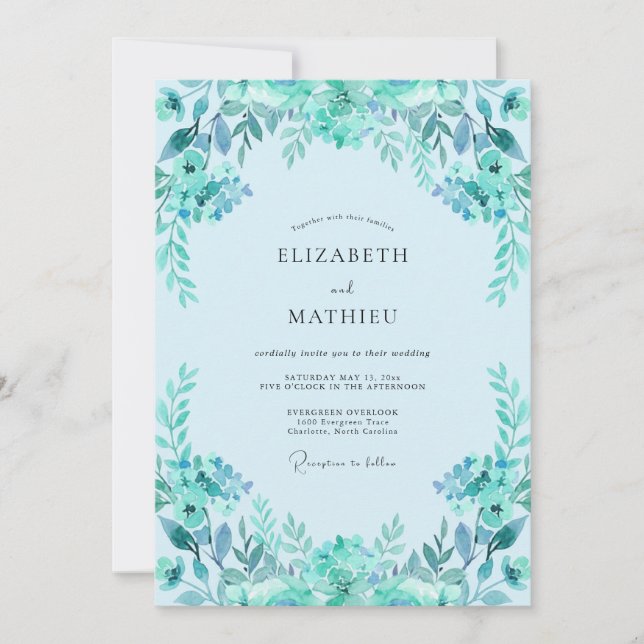 Convite Casamento com Folhas Turquesa (Frente)