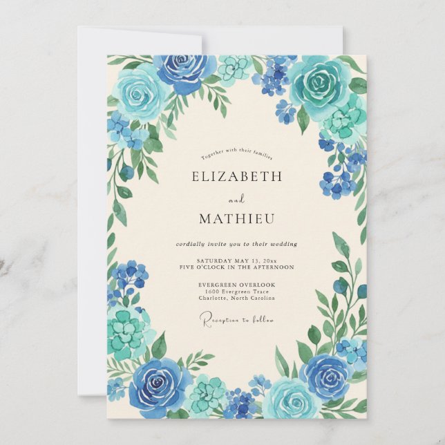 Convite Casamento com Folhas Turquesa Aqua (Frente)