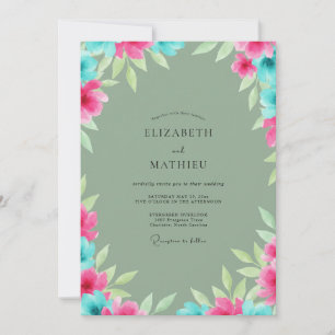 Convite Casamento com Folhas Turquesa e Magenta
