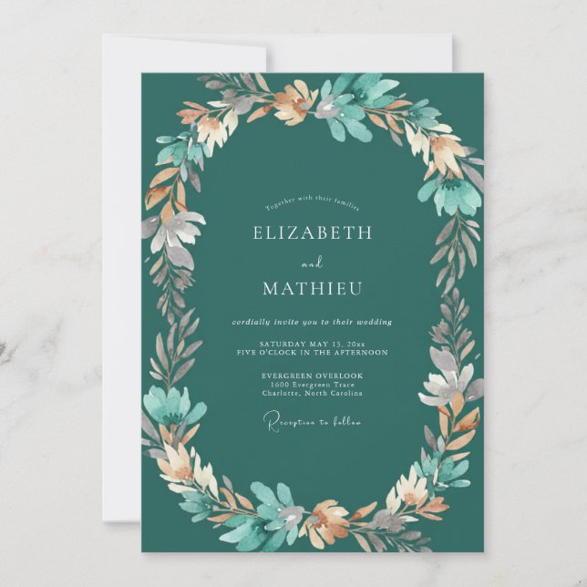 Convite Casamento com Folhas Verde-azuis Escuras (Frente)