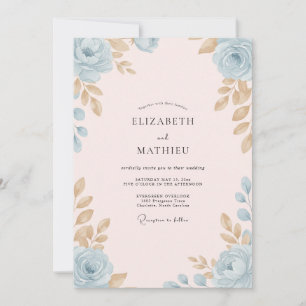 Convite Casamento com Folhas Verde-azuladas e Champanhe