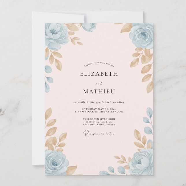 Convite Casamento com Folhas Verde-azuladas e Champanhe (Frente)