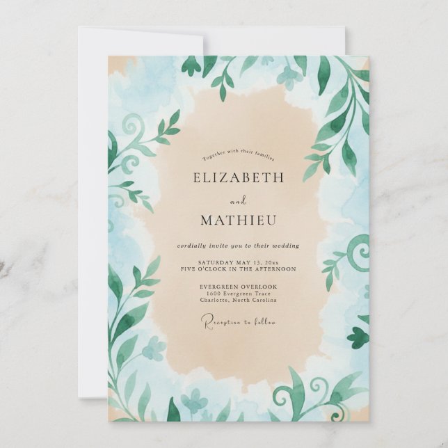 Convite Casamento com Folhas Verde-Azulado Creme (Frente)