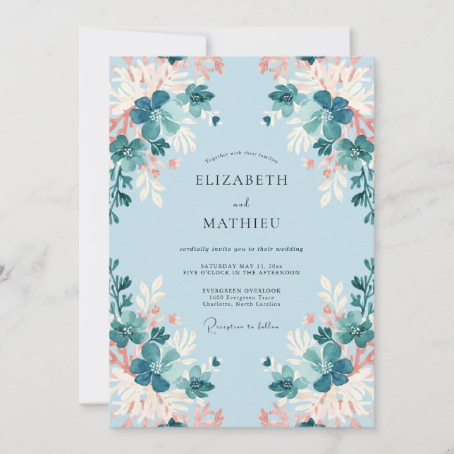 Convite Casamento com Folhas Verde-azulado Esverdeado (Frente)