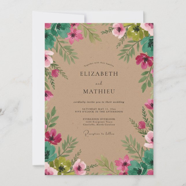 Convite Casamento com Folhas Verde Rosa (Frente)