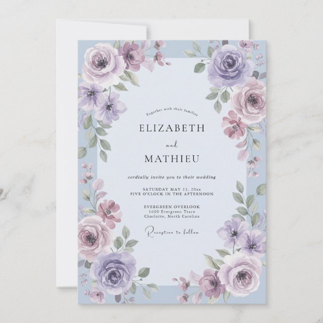 Convite Casamento com Folhas Violeta e Violeta Roxa (Frente)