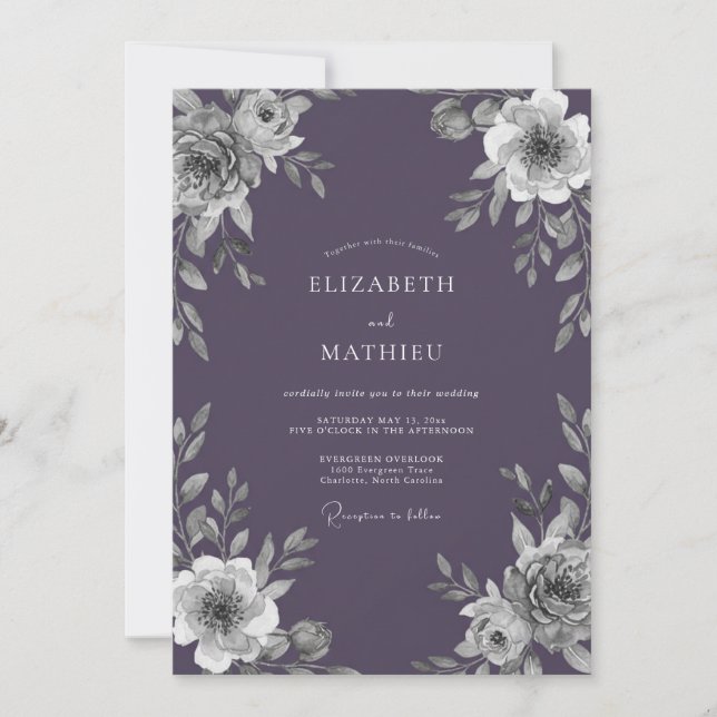 Convite Casamento com Folhas Violeta Empoeiradas (Frente)