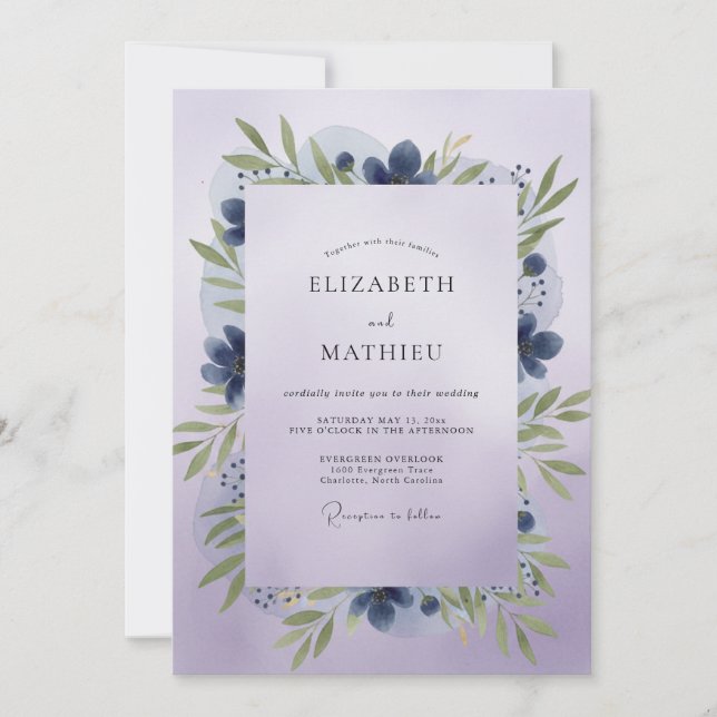 Convite Casamento com Folhas Violeta Índigo (Frente)