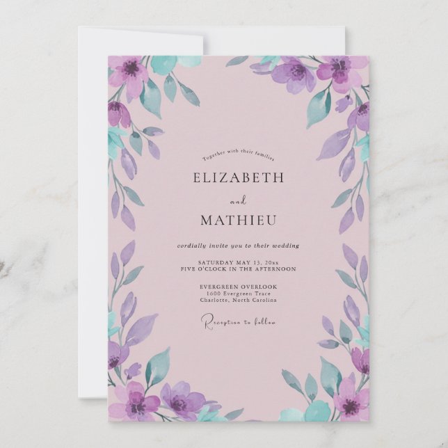 Convite Casamento com Folhas Violeta Malva (Frente)