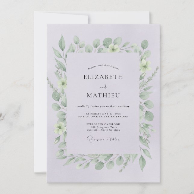 Convite Casamento com Folhas Violeta Pálido (Frente)