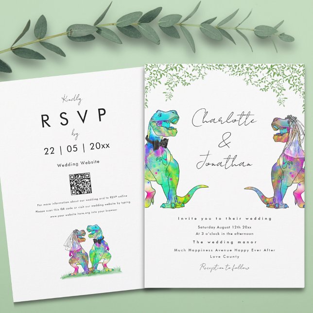 Convite Casamento com Foliage de Dinossaur Eucalyptus (Boho botanical dinosaur wedding invitation with qr code)