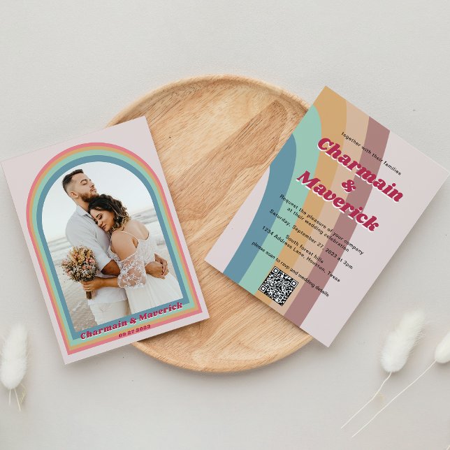 Convite Casamento com Foto Arco-Íris de Retro Vintage, 70  (Criador carregado)