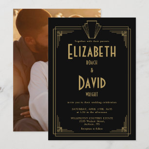 Convite Casamento com Foto Art Déco Preto e Dourado dos An