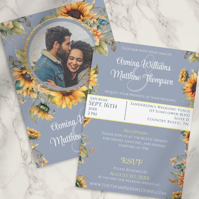 Convite Casamento com Foto Azul de Sunflower com RSVP (Criador carregado)