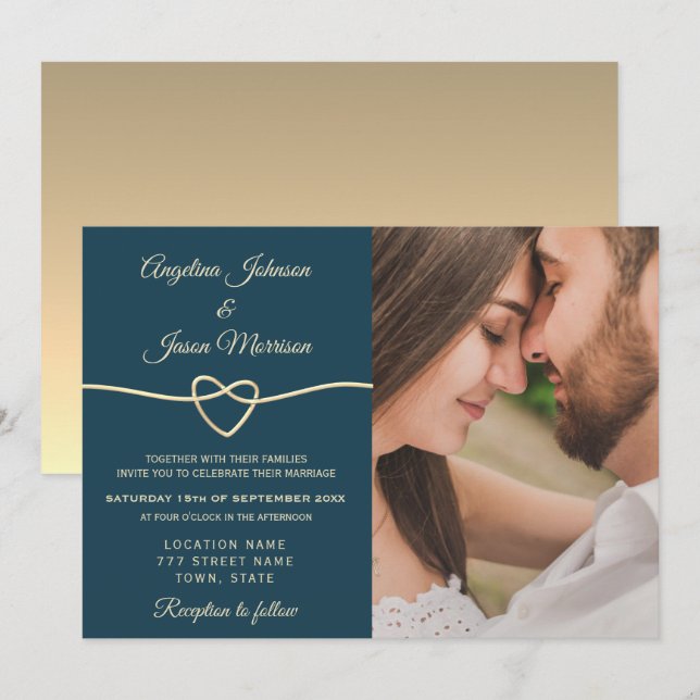 Convite Casamento com Foto Azul Romântico (Frente/Verso)