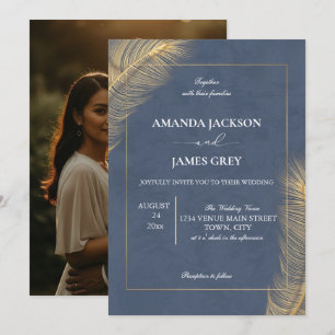 Convite Casamento com Foto Botânica em Azul Poeirento e Do